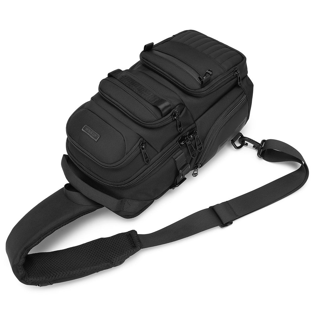 Ridge Sling 8L in Black, three-quarter angle view from above showing the full bag and strap