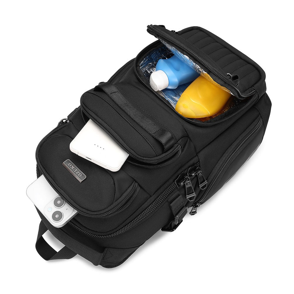 Ridge Sling 8L in Black, top-down view of the insulated pocket holding two drink bottles, a phone, and a power bank