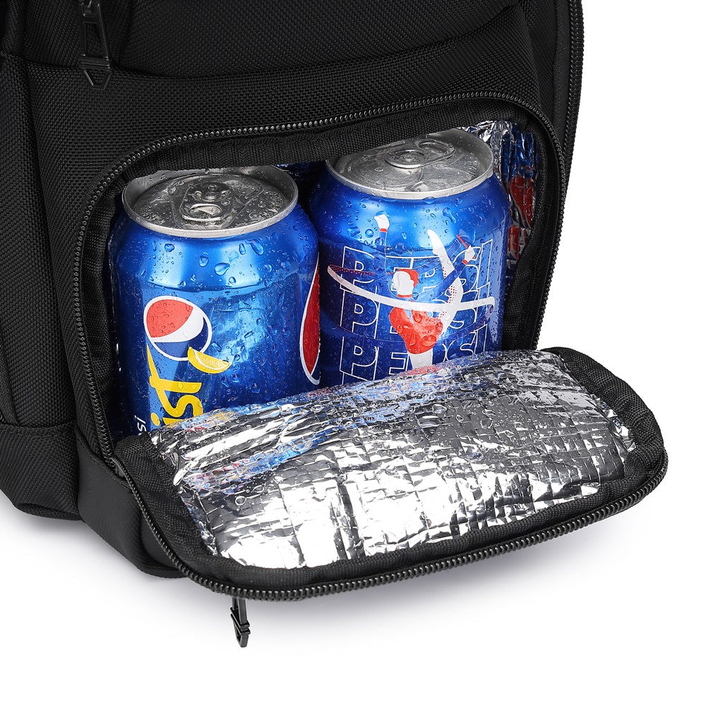 Ridge Sling 8L in Black, close-up of the insulated foil-lined side pocket holding two drink cans