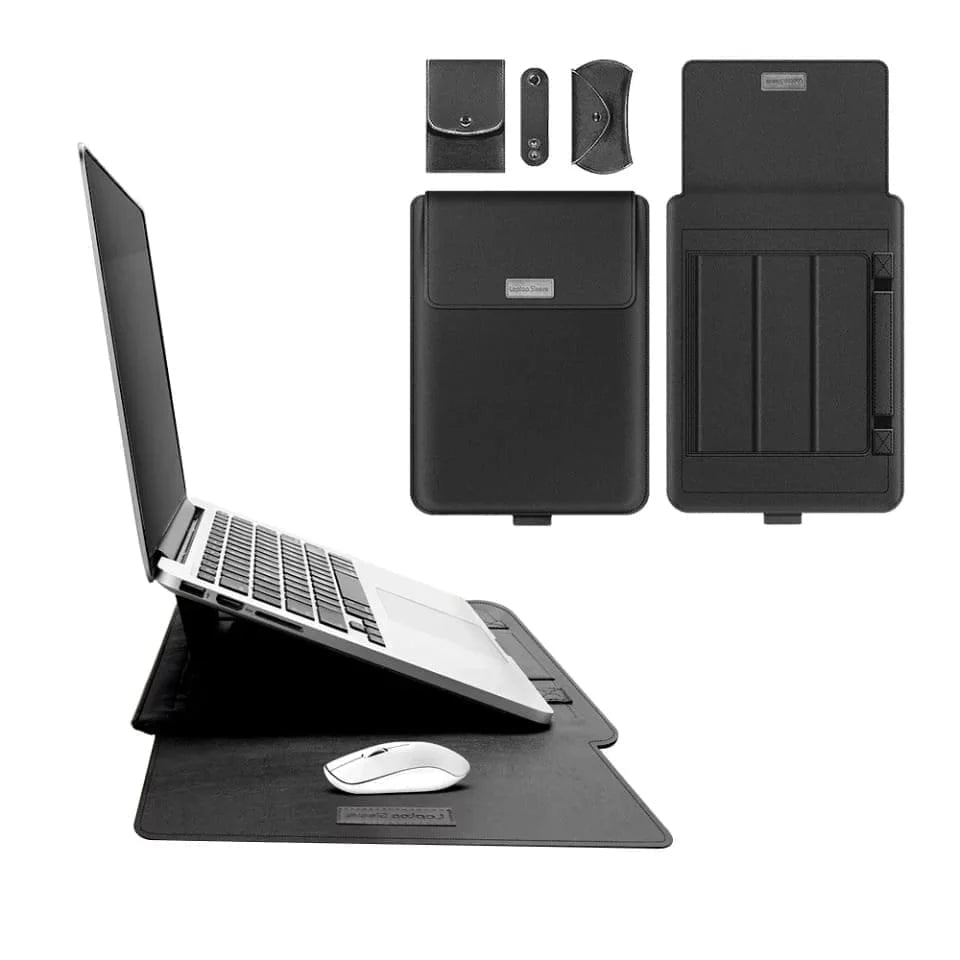 Laptop Sleeve with Stand in Black, unfolded into a laptop stand with a wireless mouse resting on the open panel, alongside the mouse pouch, cable straps, and adapter pouch
